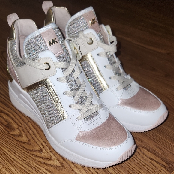 Michael Kors Shoes - Michael Kors White With Blush & Gold Glitter Sneakers, Size 6.5M